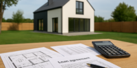 Investicinė būsto paskola, būsto planas, namo brėžinys, finansų kalkuliatorius, statomas namas, modernus namas, architektūros projektas, nekilnojamojo turto sandoris, Future Live Vilnius, NT finansavimas, nekilnojamojo turto projektas.