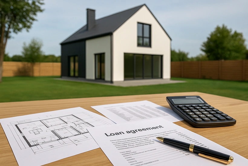 Investicinė būsto paskola, būsto planas, namo brėžinys, finansų kalkuliatorius, statomas namas, modernus namas, architektūros projektas, nekilnojamojo turto sandoris, Future Live Vilnius, NT finansavimas, nekilnojamojo turto projektas.
