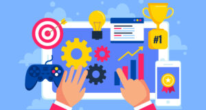 Skaitmeninio marketingo ir inovacijų simboliai, grafikai, žaidimų pultas, žibintai, apdovanojimai, rankomis valdomi įrankiai, verslo sėkmės ir pažangos vizualizacijos elementai, susiję su Future Live Vilnius renginiu.