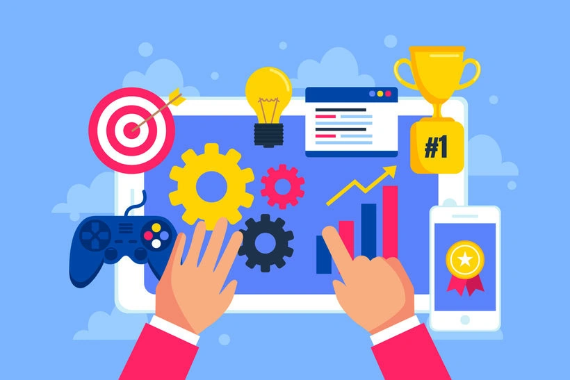 Skaitmeninio marketingo ir inovacijų simboliai, grafikai, žaidimų pultas, žibintai, apdovanojimai, rankomis valdomi įrankiai, verslo sėkmės ir pažangos vizualizacijos elementai, susiję su Future Live Vilnius renginiu.