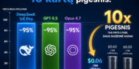 Paveikslėlyje parodytas DeepSeek V4 Pro ir GPT-5.5 testų rezultatas, pabrėžiant jų greitį ir efektyvumą.
