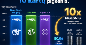 Paveikslėlyje parodytas DeepSeek V4 Pro ir GPT-5.5 testų rezultatas, pabrėžiant jų greitį ir efektyvumą.