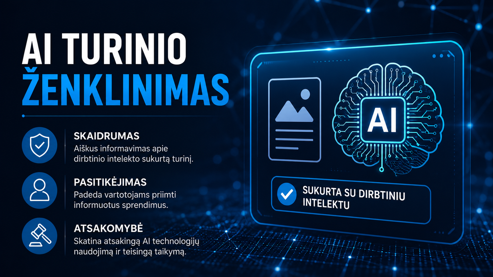 Future Live Vilnius pristato AI turinio ženkliuką, simbolizuojantį skaidrumą, atsakomybę ir inovacijas dirbtinio intelekto srityje.