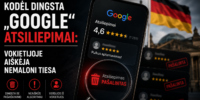 Mobilioji programėlė su Google atsiliepimais ir Vokietijos vėliava, pabrėžianti problemą su Google atsiliepimais Vokietijoje.