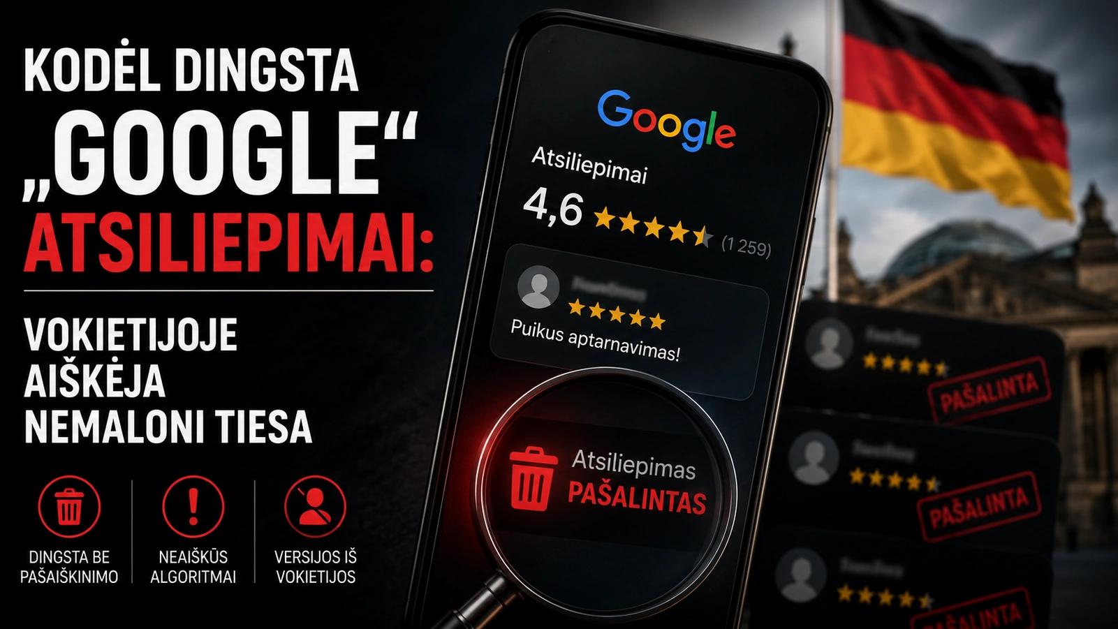 Mobilioji programėlė su Google atsiliepimais ir Vokietijos vėliava, pabrėžianti problemą su Google atsiliepimais Vokietijoje.