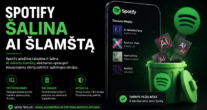 Future Live Vilnius renginio reklaminis vaizdas su Spotify logotipu ir AI simboliais, pabrėžiantį AI šlamštą ir muzikos kokybę.