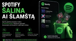 Future Live Vilnius renginio reklaminis vaizdas su Spotify logotipu ir AI simboliais, pabrėžiantį AI šlamštą ir muzikos kokybę.