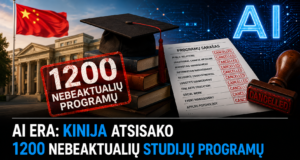 Vilniaus universiteto pastatas su Kinijos vėliava ir mokslinių programų sąrašu, pažymėtu kaip atšauktas, simbolizuojantis švietimo pokyčius Kinijoje.