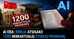 Vilniaus universiteto pastatas su Kinijos vėliava ir mokslinių programų sąrašu, pažymėtu kaip atšauktas, simbolizuojantis švietimo pokyčius Kinijoje.