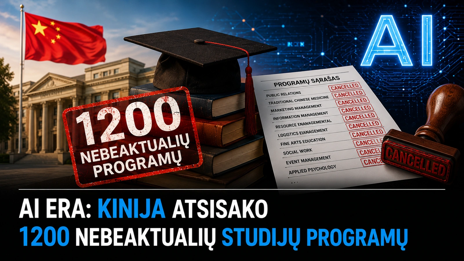 Vilniaus universiteto pastatas su Kinijos vėliava ir mokslinių programų sąrašu, pažymėtu kaip atšauktas, simbolizuojantis švietimo pokyčius Kinijoje.