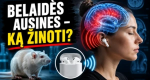 Belaidės ausinės, smegenų veikla ir galvos smegenų MRI vaizdas, susijęs su žiniomis apie ausinių poveikį.