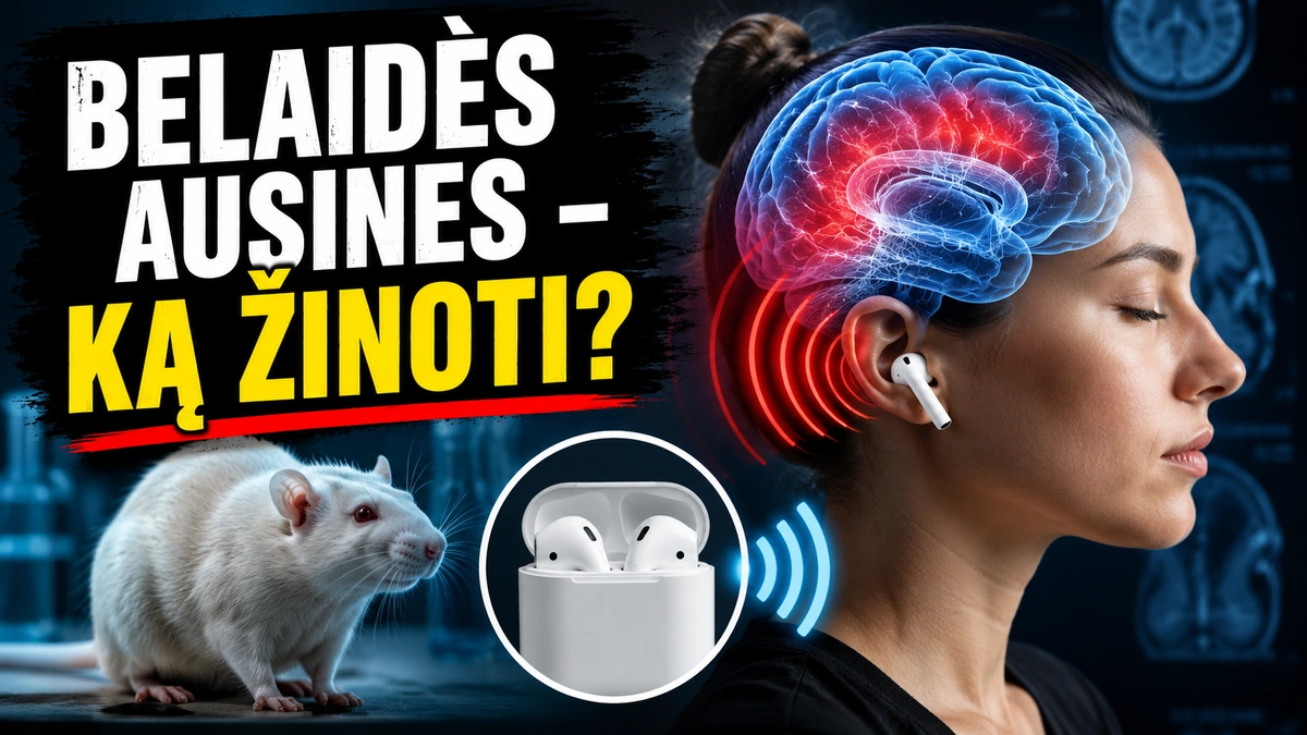 Belaidės ausinės, smegenų veikla ir galvos smegenų MRI vaizdas, susijęs su žiniomis apie ausinių poveikį.