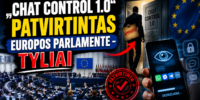 Vilniaus konferencijoje pristatomas Chat Control 1.0 patvirtinimas Europos Parlamente, su Europos Sąjungos vėliava ir technologijų simboliais.