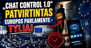 Vilniaus konferencijoje pristatomas Chat Control 1.0 patvirtinimas Europos Parlamente, su Europos Sąjungos vėliava ir technologijų simboliais.
