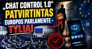 Vilniaus konferencijoje pristatomas Chat Control 1.0 patvirtinimas Europos Parlamente, su Europos Sąjungos vėliava ir technologijų simboliais.