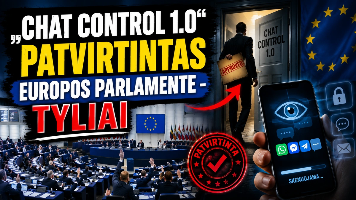 Vilniaus konferencijoje pristatomas Chat Control 1.0 patvirtinimas Europos Parlamente, su Europos Sąjungos vėliava ir technologijų simboliais.