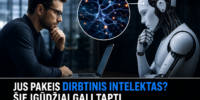 Žmogus ir robotas diskutuojant apie dirbtinio intelekto galimybes ir įgūdžių svarbą ateityje.