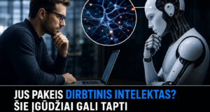 Žmogus ir robotas diskutuojant apie dirbtinio intelekto galimybes ir įgūdžių svarbą ateityje.