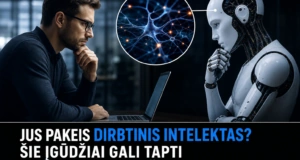 Žmogus ir robotas diskutuojant apie dirbtinio intelekto galimybes ir įgūdžių svarbą ateityje.