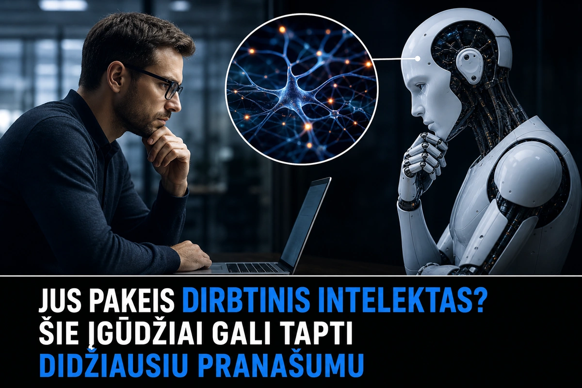 Žmogus ir robotas diskutuojant apie dirbtinio intelekto galimybes ir įgūdžių svarbą ateityje.