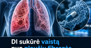 Mokslinis vaizdas rodo plaučius ir vaistą nuo plaučių fibrozės, susijusį su nauju gydymo būdu, vykstančiu klinikinių tyrimų etape.