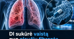 Mokslinis vaizdas rodo plaučius ir vaistą nuo plaučių fibrozės, susijusį su nauju gydymo būdu, vykstančiu klinikinių tyrimų etape.