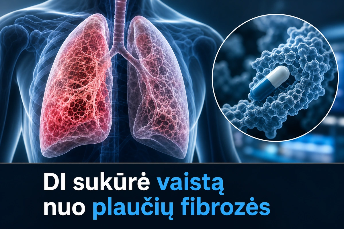 Mokslinis vaizdas rodo plaučius ir vaistą nuo plaučių fibrozės, susijusį su nauju gydymo būdu, vykstančiu klinikinių tyrimų etape.