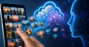 Žmogus naudodamas išmanųjį telefoną, kurio ekrane rodomi nuotraukų galerijos ir debesų technologijos simboliai, simbolizuoja dirbtinio intelekto ir debesų technologijų integraciją.