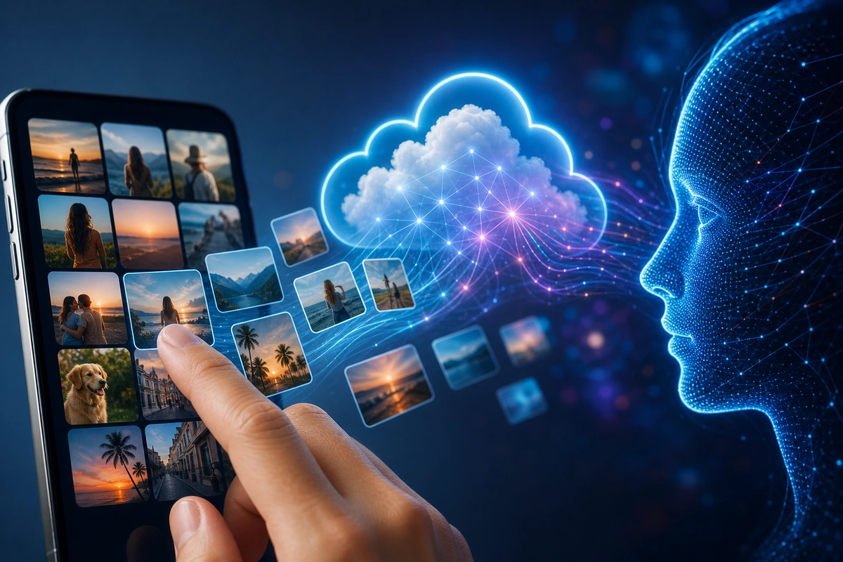 Žmogus naudodamas išmanųjį telefoną, kurio ekrane rodomi nuotraukų galerijos ir debesų technologijos simboliai, simbolizuoja dirbtinio intelekto ir debesų technologijų integraciją.