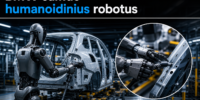 Humanoidinis robotas dirba prie BMW elektrinio iX5 gamybos linijos, montuojant automobilio dalis modernioje gamykloje.