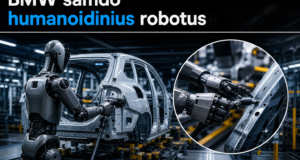 Humanoidinis robotas dirba prie BMW elektrinio iX5 gamybos linijos, montuojant automobilio dalis modernioje gamykloje.