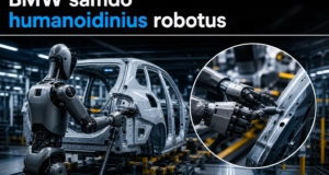 Humanoidinis robotas dirba prie BMW elektrinio iX5 gamybos linijos, montuojant automobilio dalis modernioje gamykloje.