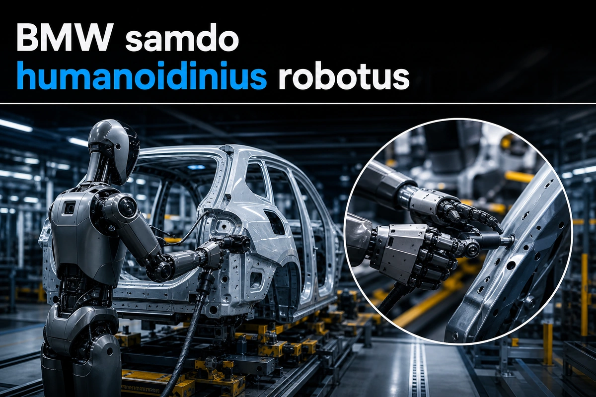 Humanoidinis robotas dirba prie BMW elektrinio iX5 gamybos linijos, montuojant automobilio dalis modernioje gamykloje.