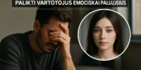 Vaizdas rodo vyrą, kuris atrodo susirūpinęs ar nusiminęs, ir moterį, kuri atrodo ramiai, simbolizuojant emocinius iššūkius draugystėje.