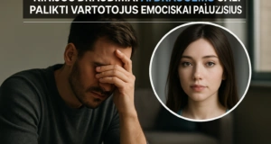 Vaizdas rodo vyrą, kuris atrodo susirūpinęs ar nusiminęs, ir moterį, kuri atrodo ramiai, simbolizuojant emocinius iššūkius draugystėje.