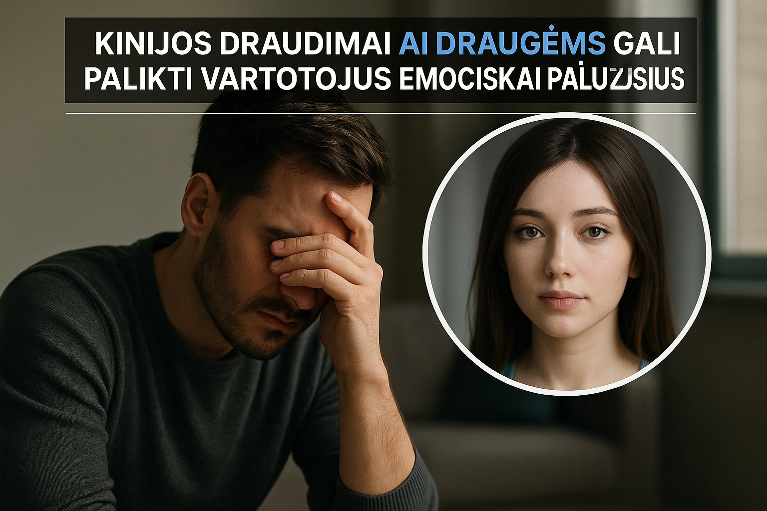 Vaizdas rodo vyrą, kuris atrodo susirūpinęs ar nusiminęs, ir moterį, kuri atrodo ramiai, simbolizuojant emocinius iššūkius draugystėje.