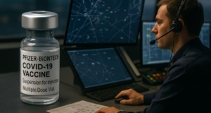 Vakcinos buteliukas su Pfizer-BioNTech COVID-19 vakcina ir žmogus dirbantis su kompiuteriu, stebintis duomenis.