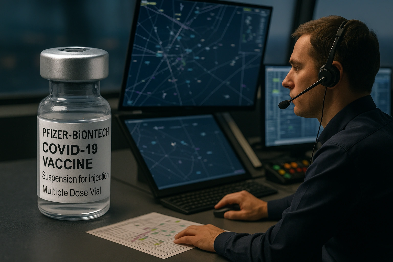 Vakcinos buteliukas su Pfizer-BioNTech COVID-19 vakcina ir žmogus dirbantis su kompiuteriu, stebintis duomenis.