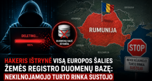 Hakeris ištrynė Europos šalies žemės registro duomenų bazę, sustabdė nekilnojamojo turto rinką, rodomas duomenų bazės ištrynimo procesas ir įspėjamieji ženklai.