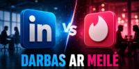 LinkedIn ir Tinder logotipai, simbolizuojantys darbo paieškas ir pažintis, su fonu, kuriame matosi žmonės ir verslo aplinka.