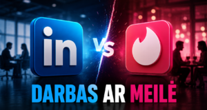 LinkedIn ir Tinder logotipai, simbolizuojantys darbo paieškas ir pažintis, su fonu, kuriame matosi žmonės ir verslo aplinka.