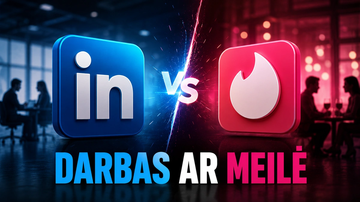 LinkedIn ir Tinder logotipai, simbolizuojantys darbo paieškas ir pažintis, su fonu, kuriame matosi žmonės ir verslo aplinka.