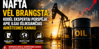 Nafta ir naftos platforma su kylaiančiu grafiku fonas, simbolizuojantis brangstančias naftos kainas ir ekonominius pokyčius.