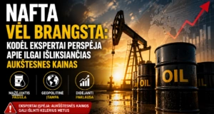 Nafta ir naftos platforma su kylaiančiu grafiku fonas, simbolizuojantis brangstančias naftos kainas ir ekonominius pokyčius.