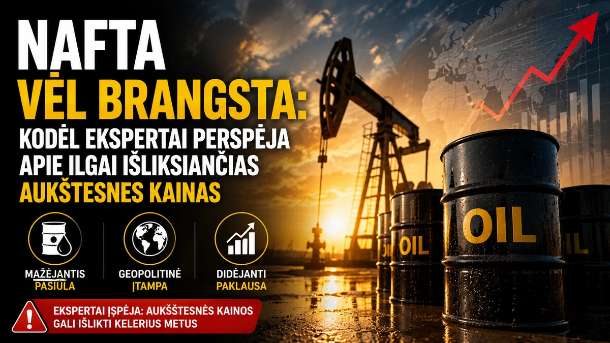 Nafta ir naftos platforma su kylaiančiu grafiku fonas, simbolizuojantis brangstančias naftos kainas ir ekonominius pokyčius.