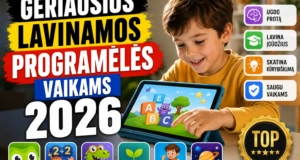 Vaikas naudojasi edukacine planšete su lavinamosiomis programėlėmis, skirtomis vaikams 2026 metais, su spalvingais ikonais ir žaisminga aplinka.