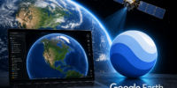 „Google Earth“ kompiuterio ekrano nuotrauka su Žemės planeta ir palydovu kosmose, pabrėžiant technologijų ir žemės stebėjimo temą.