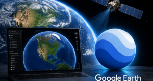 „Google Earth“ kompiuterio ekrano nuotrauka su Žemės planeta ir palydovu kosmose, pabrėžiant technologijų ir žemės stebėjimo temą.