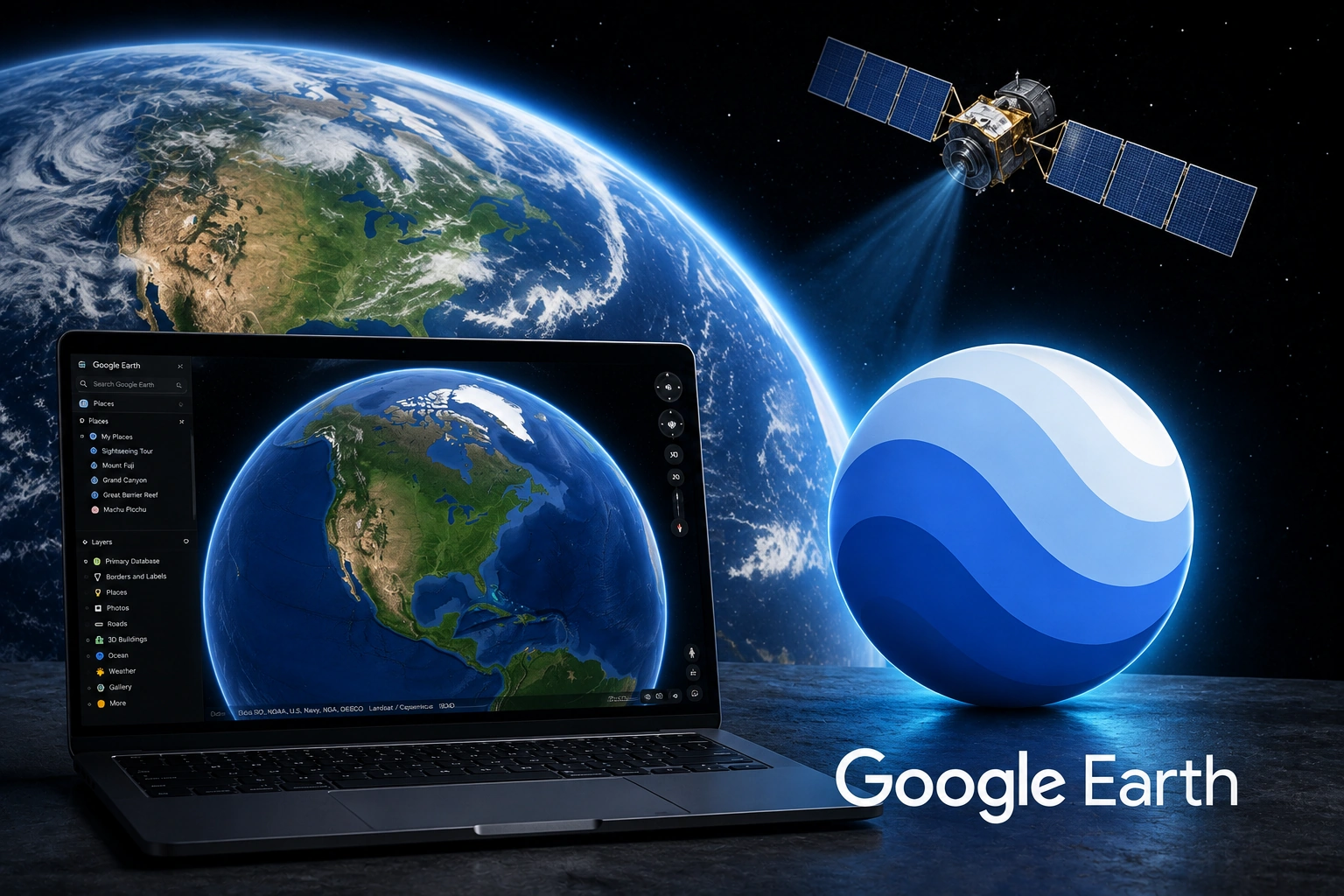 „Google Earth“ kompiuterio ekrano nuotrauka su Žemės planeta ir palydovu kosmose, pabrėžiant technologijų ir žemės stebėjimo temą.