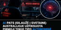 Slaptas asmens, apsirengusio juodu, veidas nematomas, stebi kompiuterių ekranus su įspėjimais ir AI simboliais, simbolizuojančiais autonominę kibernetinę ataką.